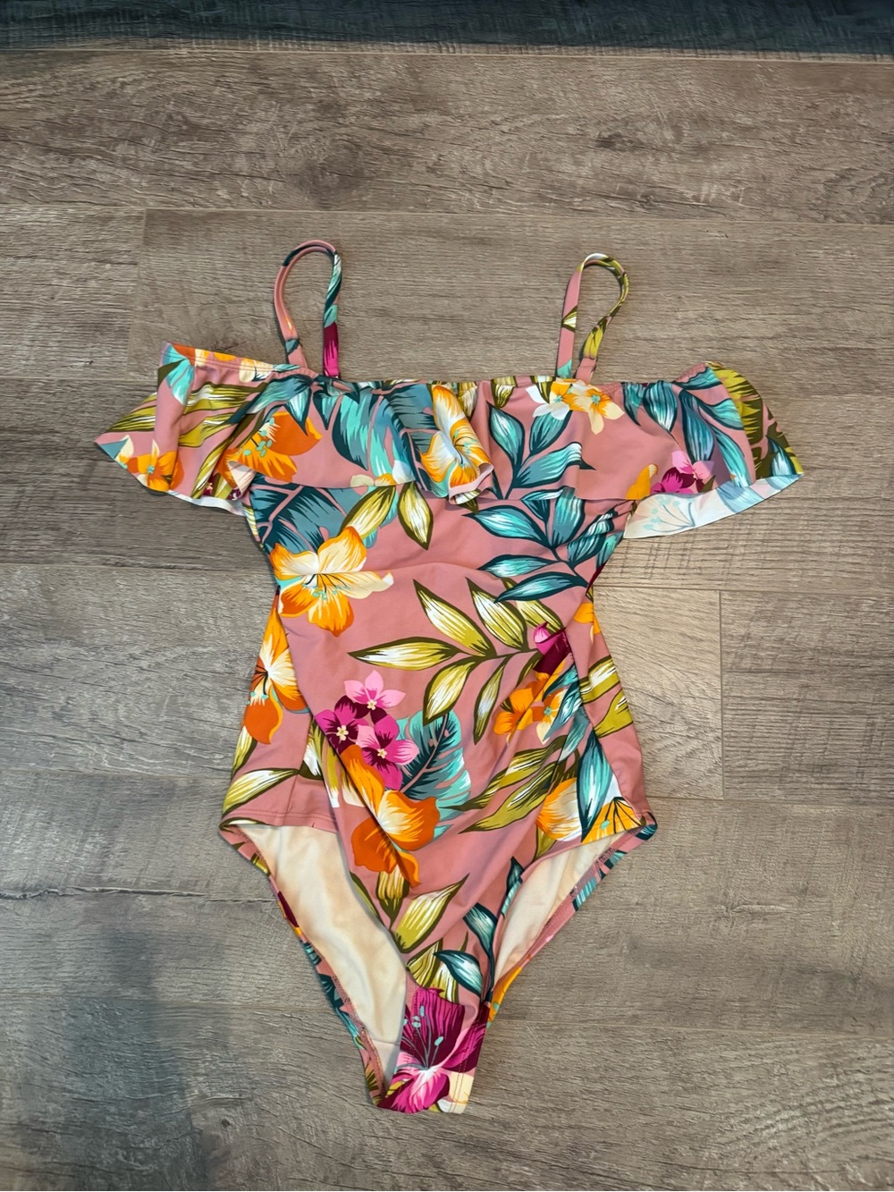 Kona Sol Coral Pink Tropical Floral Off-Shoulder One-Piece